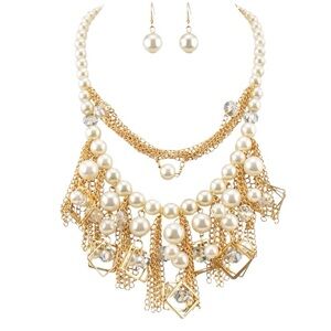 Layered Draping Fringe Faux Pear Art Deco Gold Elegant Necklace Set